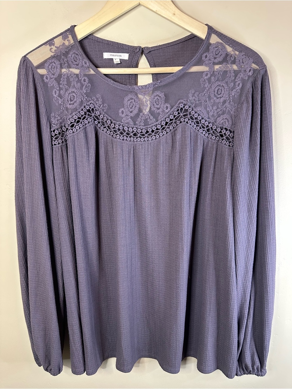 Maurices 1X Lavender Lace Yoke Long Sleeve Linen Inspo Top with Elastic sleeves - Picture 2 of 7